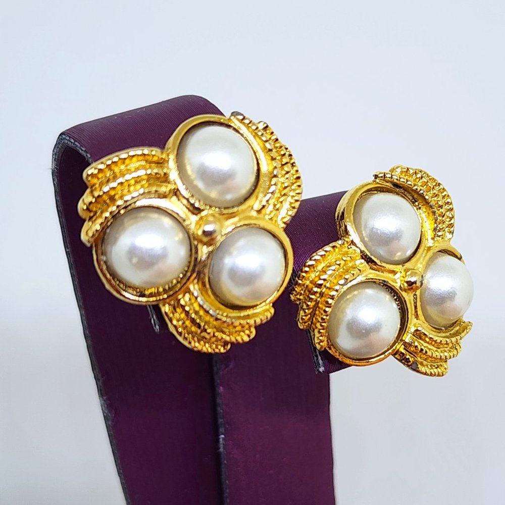Vintage Gold Silver Cabochon Faux Pearl Unsigned Designer Pierced Earrings